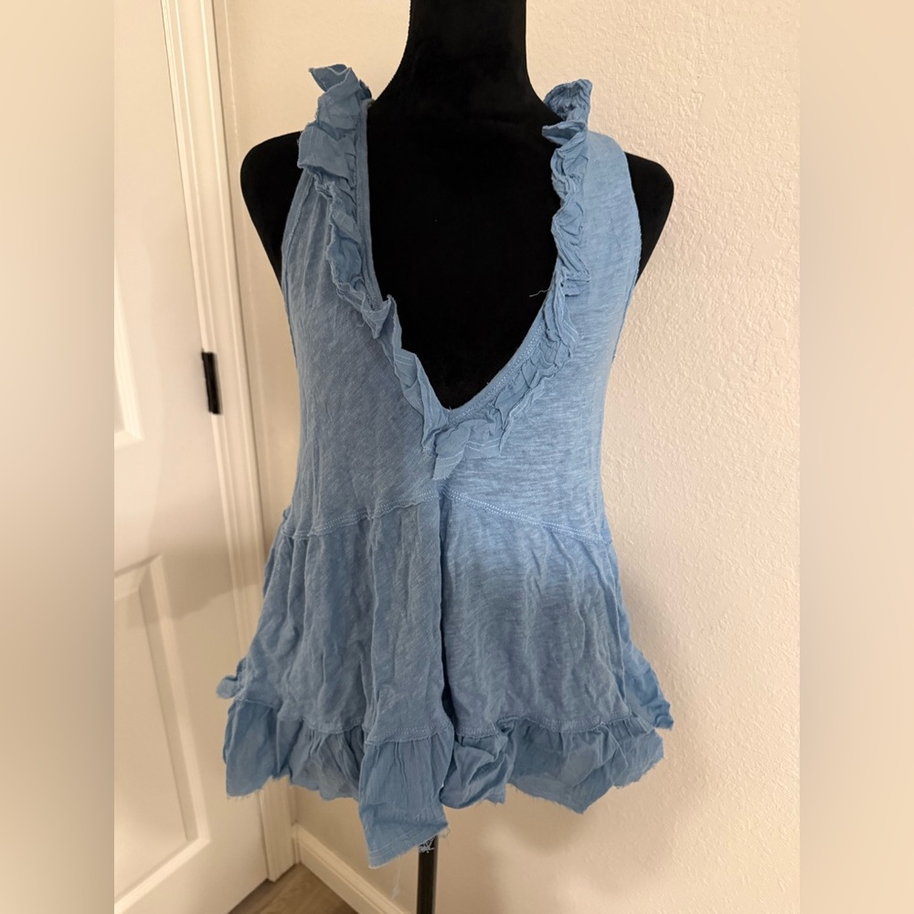 Free People Light Blue Ruffle V-Neck Tank